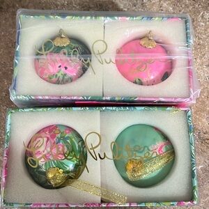 Lilly Pulitzer, set of 2 glass ornaments, 9 inch in diameter w/free bag.